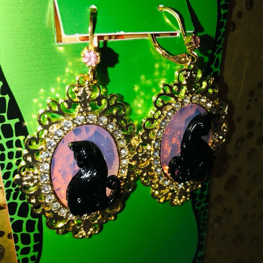 Authentic Betsey Johnson Earrings - Black Cat Gold Filigree Rhinestone Goth NWT